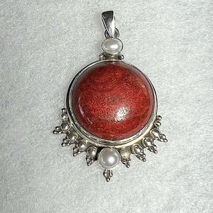 Vintage Red Jasper & Pearl Sterling Silver Pendant